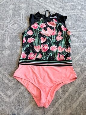 Eidon modest high neck Floral Pink & Black One-Piece Swimwear